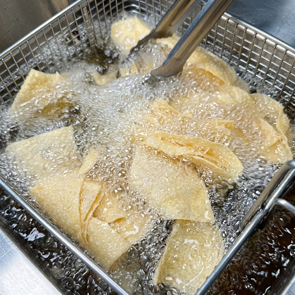 Tortilla chips immerse nellolio bollente allinterno di una friggitrice in acciaio inossidabile.