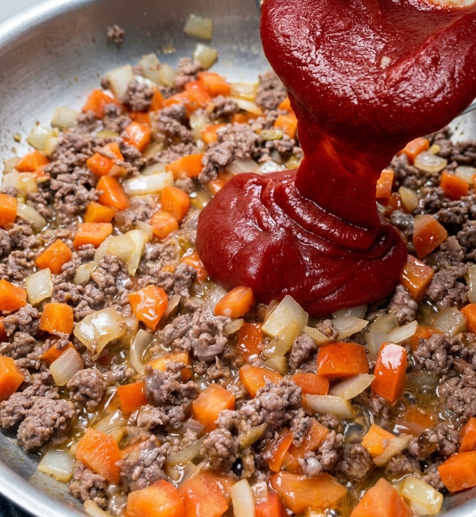Una densa salsa di pomodoro scuro versata su un mix di carne macinata rosolata, cipolle e pomodori in padella.