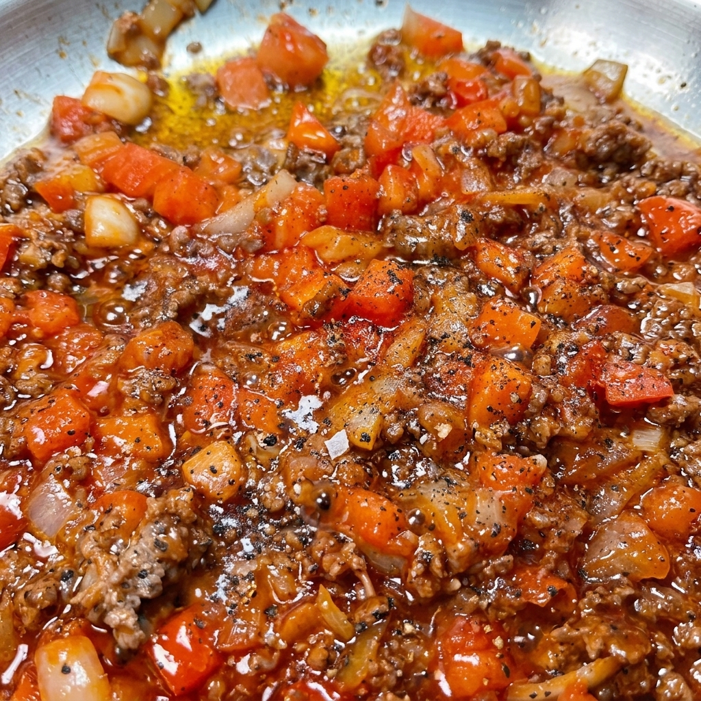Pepe nero macinato fresco su un ragù di carne fumante con pomodori e cipolle a dadini.