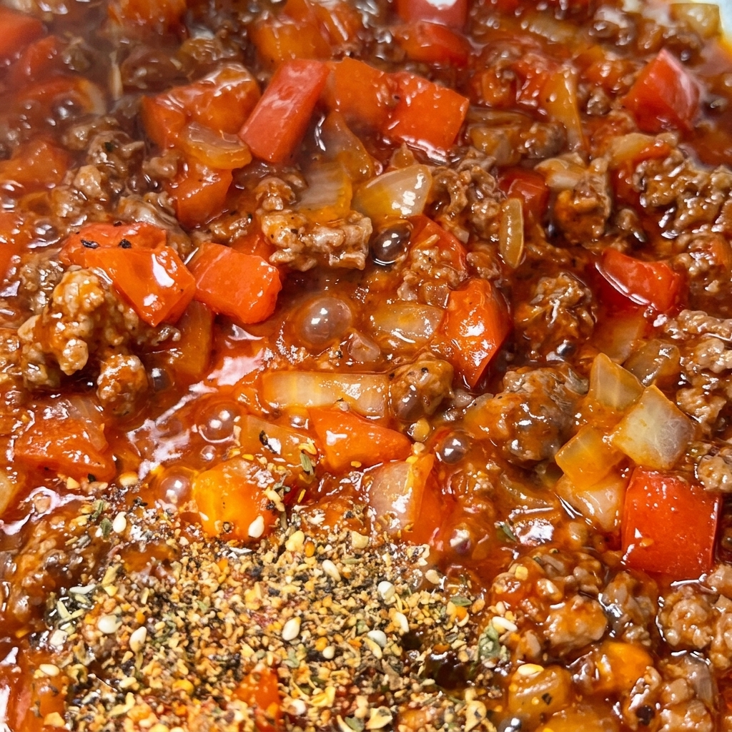 Un mucchietto di mix di spezie argentine secche sopra il ragù di carne che sobbolle in padella.