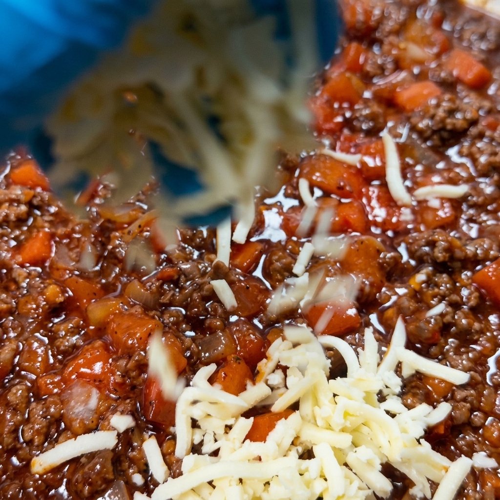 Mozzarella grattugiata cosparsa sopra un ricco ragù di carne rossa in una padella di acciaio inossidabile.