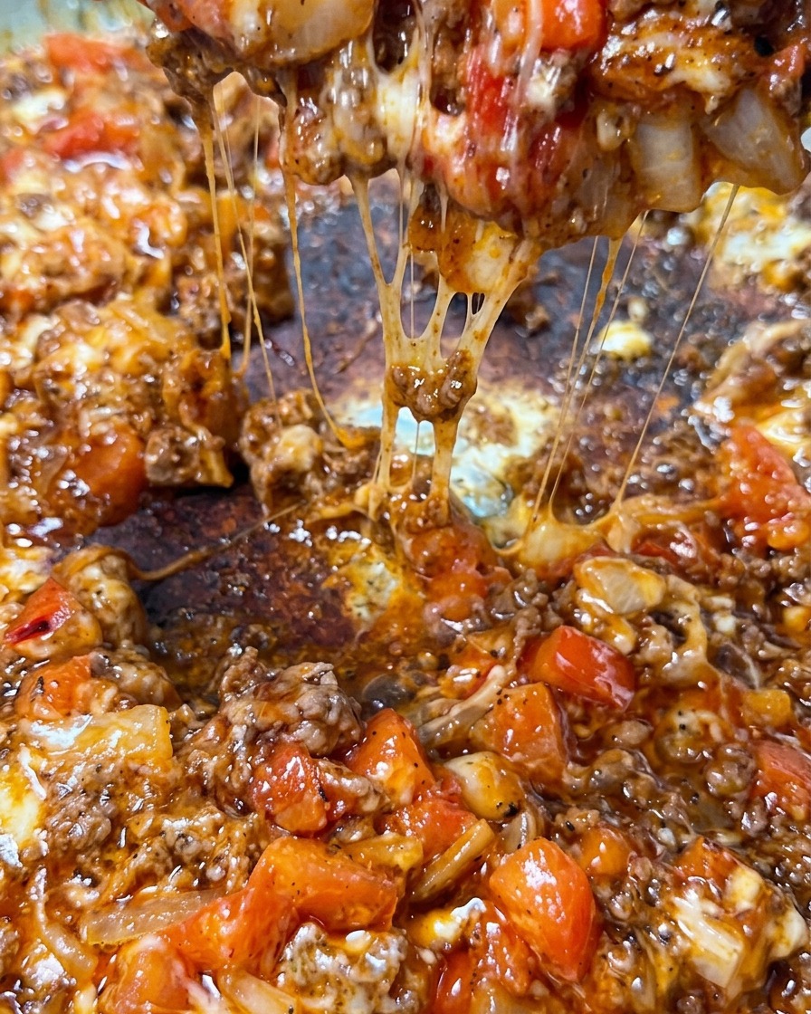 Primo piano di un grosso cucchiaio che solleva una porzione di ragù rossastro con spessi fili bianchi di mozzarella fusa.