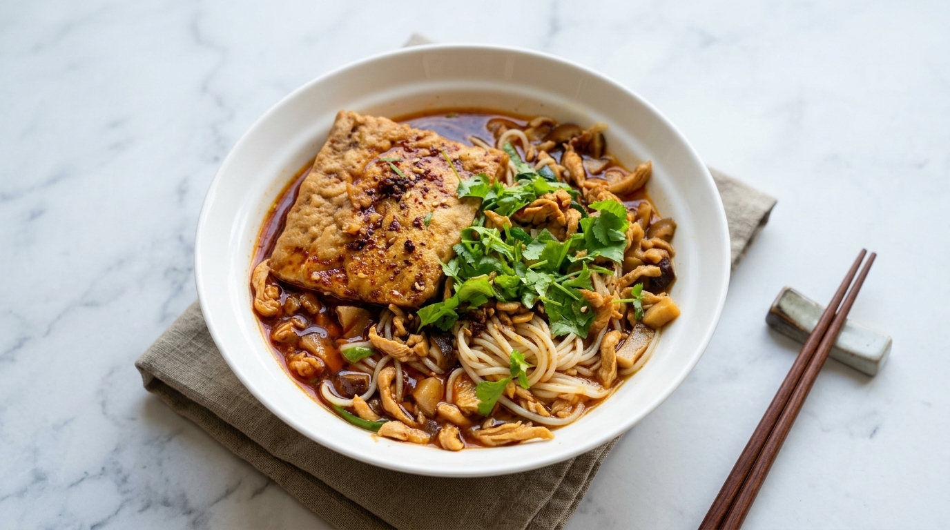 Tagliolini Piccanti con Pollo Sfilacciato e Tofu Stufato (Ji Si Mian)