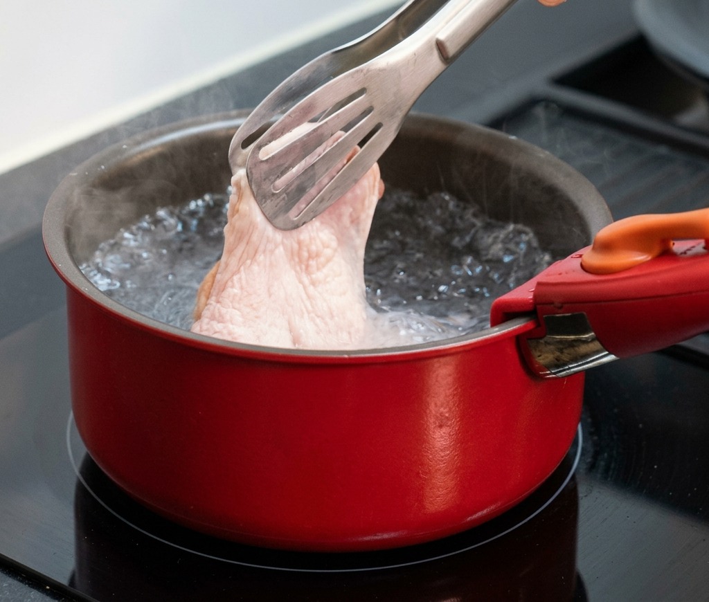 Una mano che usa pinze di metallo per immergere una sovracoscia di pollo cruda in una pentola rossa dacqua in pieno bollore su un piano a induzione.