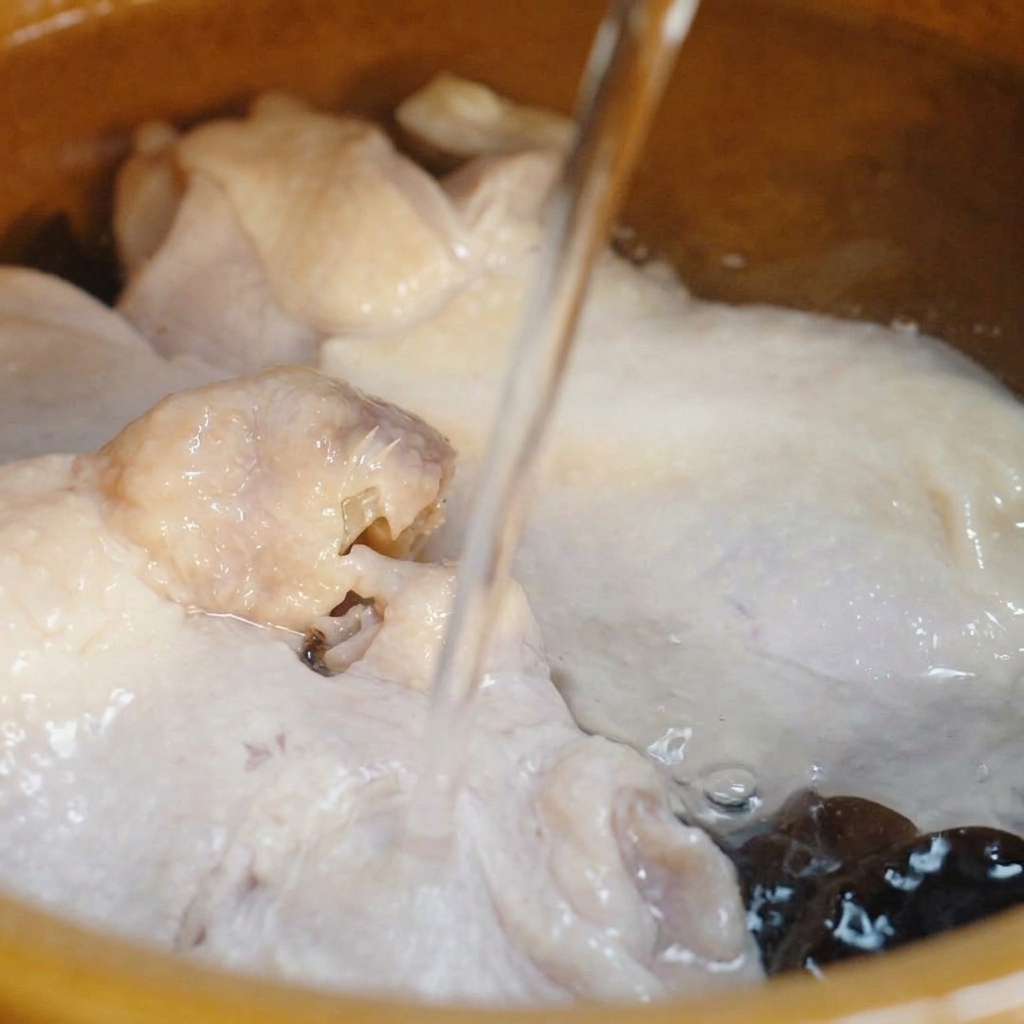 Un primo piano di un flusso costante di acqua limpida versata sulle sovracosce di pollo sbollentate allinterno di una pentola di ceramica.