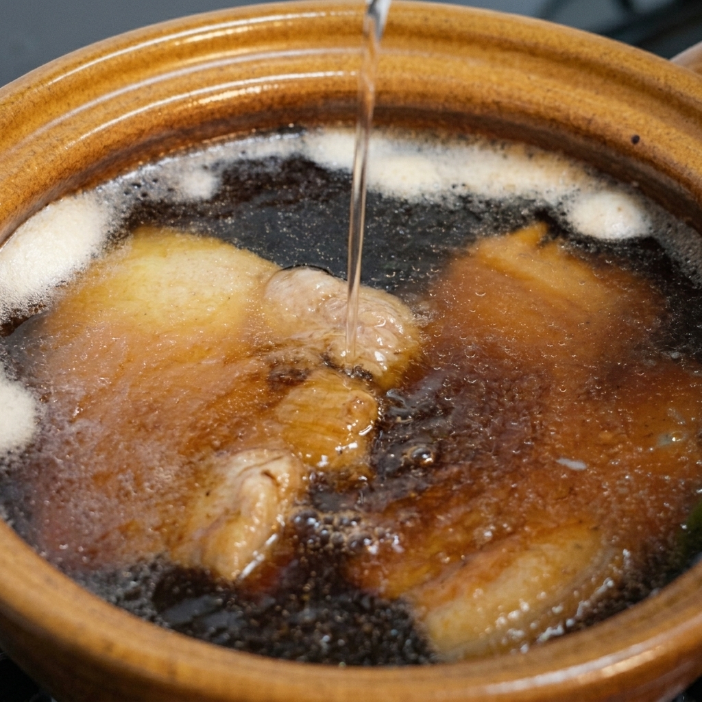 Un filo di vino di riso trasparente versato in una pentola di ceramica con sovracosce di pollo e un brodo scuro alla soia.