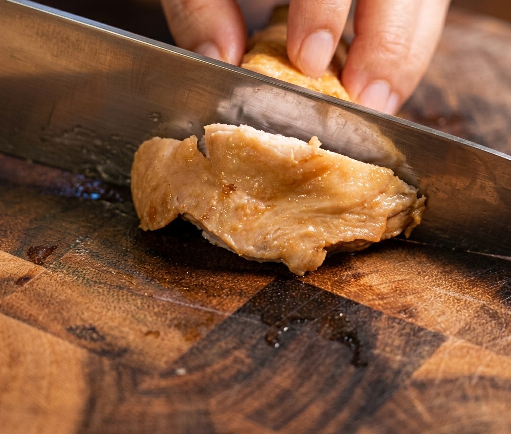 Una persona che usa un coltello da cucina per tagliare una sovracoscia di pollo cotta a strisce sottili su un tagliere di legno scuro.