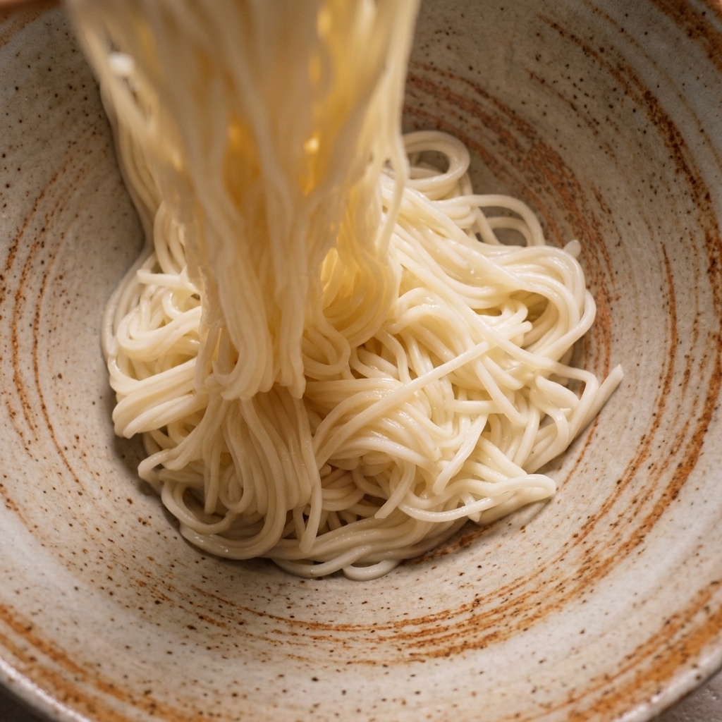 Un nido di noodles cotti di frumento bianco calato in una ciotola rustica di ceramica usando lunghe bacchette di legno.
