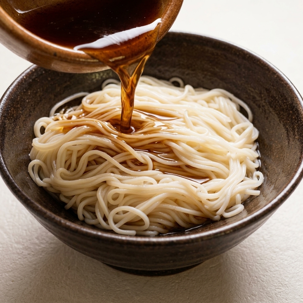 Un ricco brodo di pollo scuro versato da un contenitore di ceramica sopra un letto di noodles bianchi in una ciotola da portata scura.