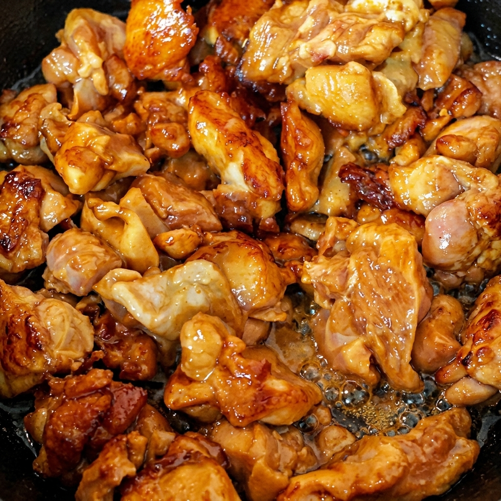 Un primo piano della carne di pollo ben dorata, glassata e sfrigolante nel wok bollente, tra bolle dolio e abbondante vapore.