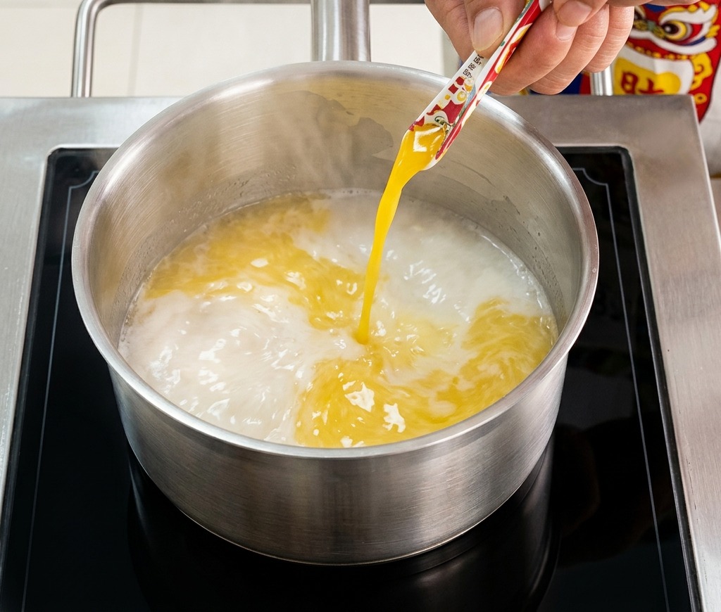 Una persona versa una bustina di condimento dorato per brodo di pollo in una pentola di acciaio inossidabile con acqua bollente su un piano a induzione.