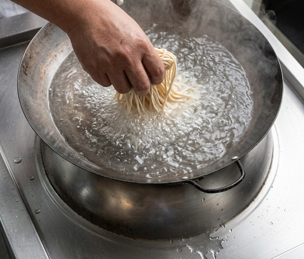 Una mano adagia un nido di noodles sottili di frumento secchi in un grande wok con acqua che bolle.