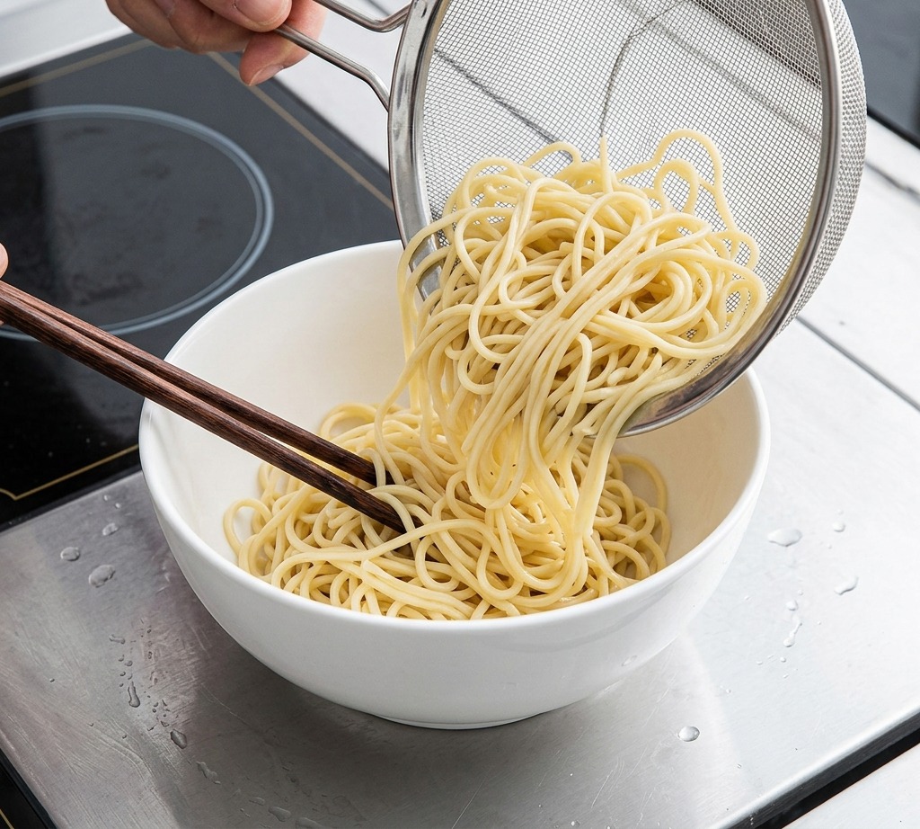 Noodles disposti a formare un nido ordinato allinterno di una ciotola di ceramica bianca usando delle bacchette di legno.