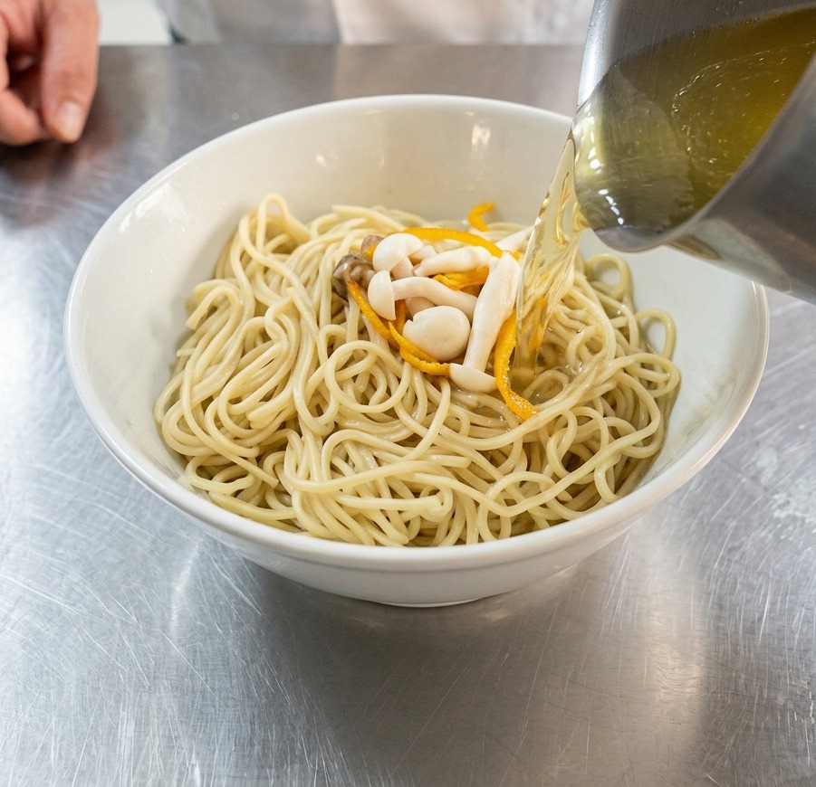 Brodo di pollo dorato, funghi e fiori di cordyceps versati da una pentola in acciaio inossidabile dentro una ciotola con i noodles.