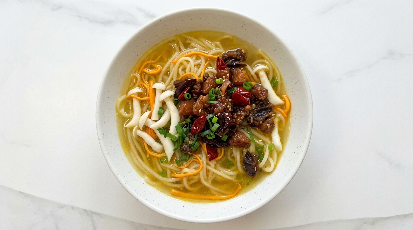 Noodles in Brodo di Pollo Piccante con Cordyceps e Funghi