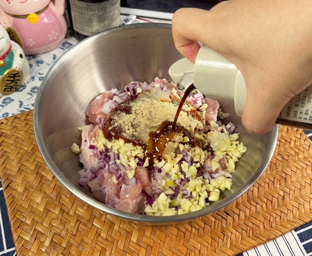 Una mano versa la salsa di soia chiara da una bottiglia bianca in una ciotola di acciaio inox con pezzi di pollo crudo, cipolle rosse tritate e una porzione di pasta di peperoncino coreana.