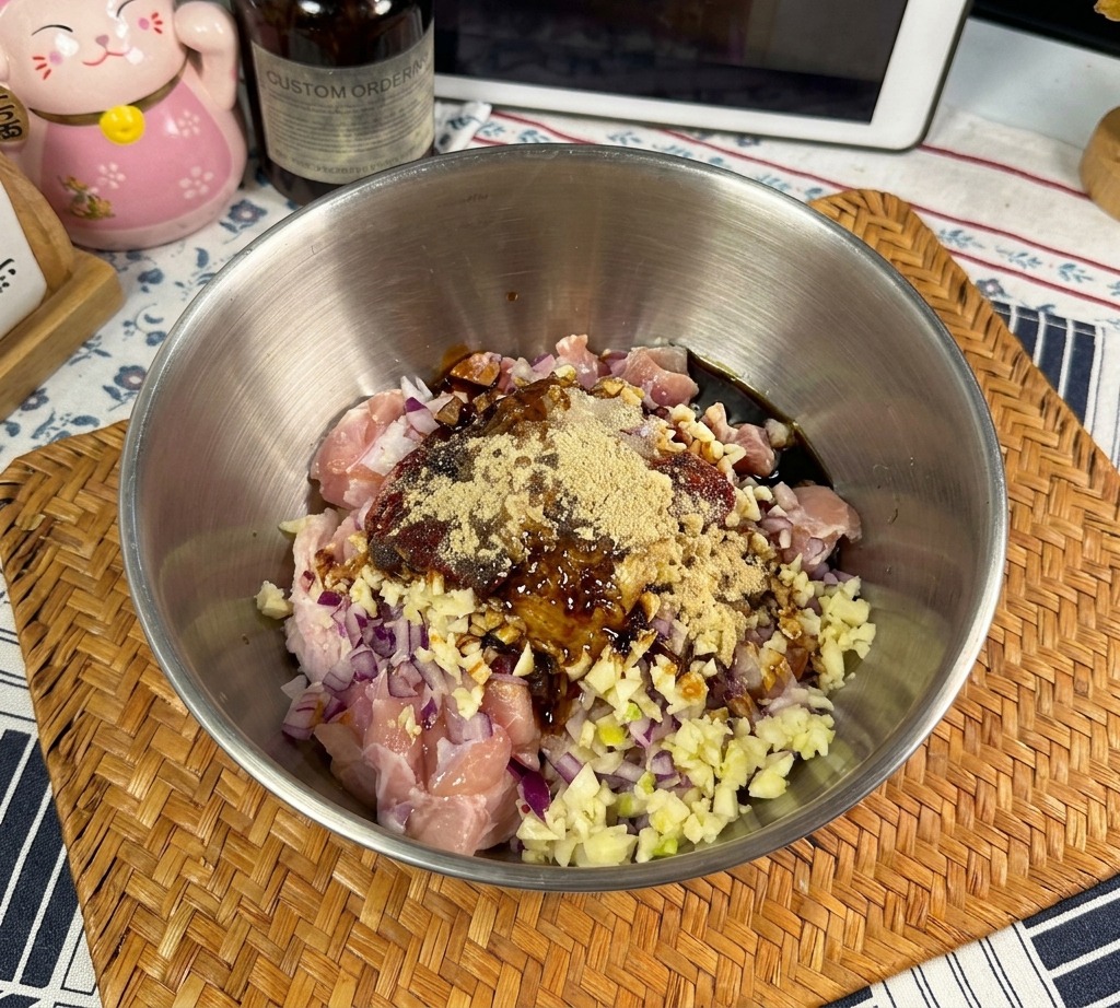 Salsa dostrica densa e scura viene versata da una bottiglia in una ciotola di pollo marinato e spezie.