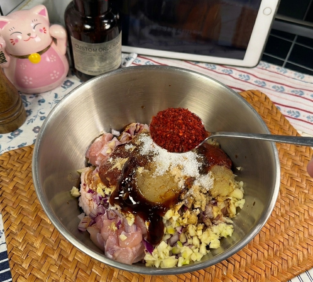 Un cucchiaio di metallo aggiunge del peperoncino rosso in polvere alla ciotola con il pollo e gli altri ingredienti della marinatura.