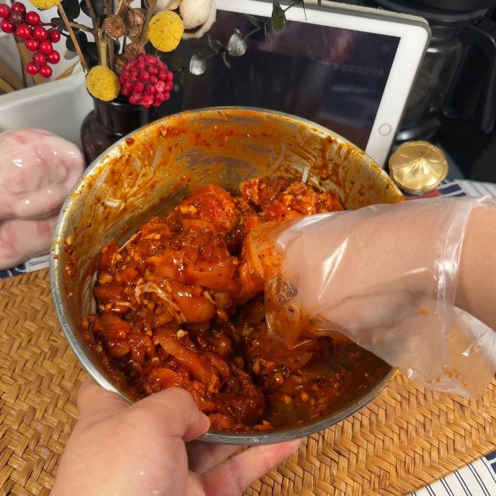 Una mano con un guanto di plastica trasparente mescola pezzi di pollo crudo con una densa e vivace marinatura rossa piccante in una ciotola di metallo.
