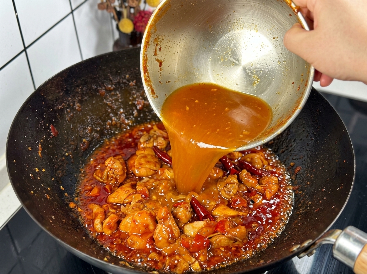 Una persona versa un liquido arancione chiaro da una ciotola di acciaio inossidabile in un wok scuro contenente pezzi di pollo saltati e peperoncini rossi secchi.