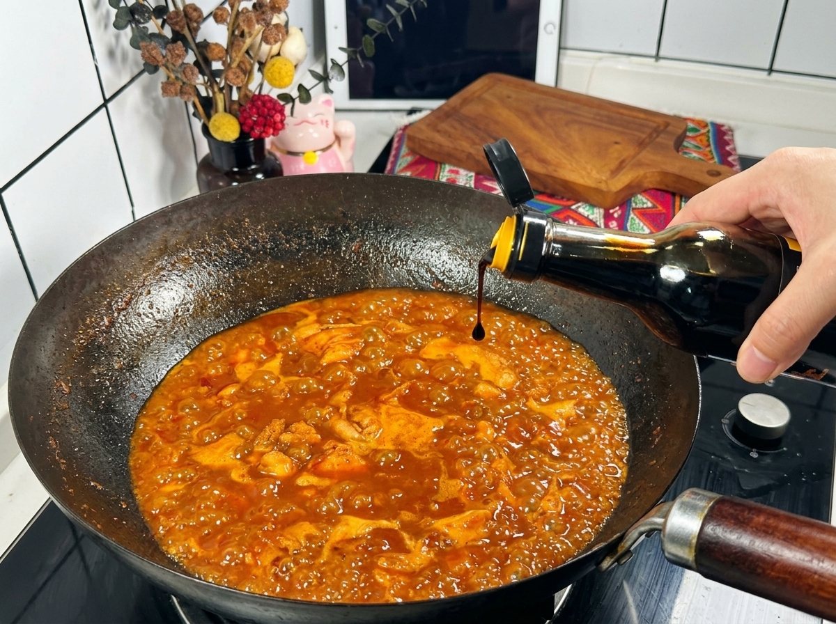 Una mano versa della salsa di soia scura da una bottiglia di vetro in un wok spumeggiante pieno di salsa piccante al pollo.