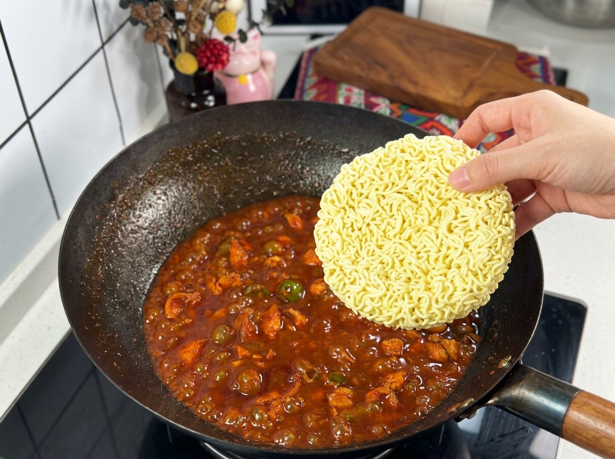 Una mano tiene un panetto rotondo di ramen istantaneo giallo sopra un wok con salsa rossa e pollo in ebollizione.