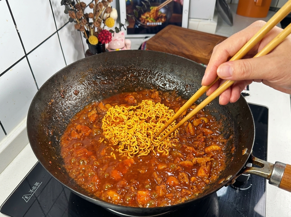 Bacchette di legno separano un blocco di ramen che sobbolle in una densa salsa rosso scuro allinterno di un grande wok nero.