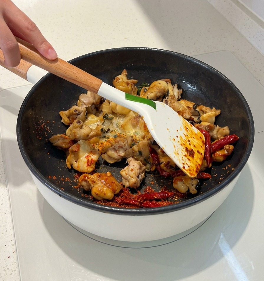 Una spatola bianca che salta pezzi di pollo, peperoncini rossi secchi e peperoncino in polvere in una padella, con lolio rosso che inizia a rivestire gli ingredienti.