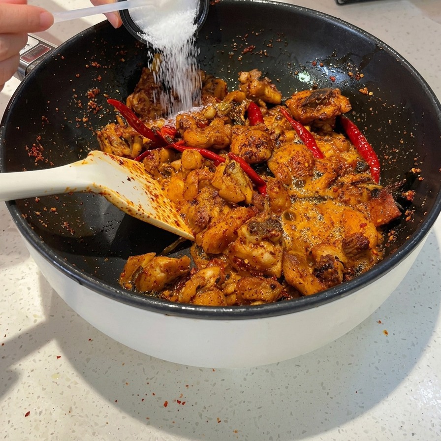 Un cucchiaio bianco che sparge sale e zucchero su una padella di pollo piccante saltato e peperoncini rossi.