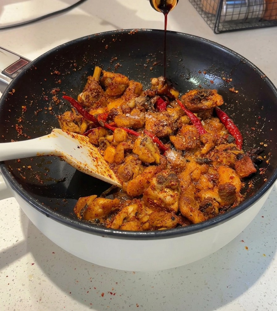 Salsa di soia scura versata da una bottiglia in una padella contenente pezzi di pollo piccante.