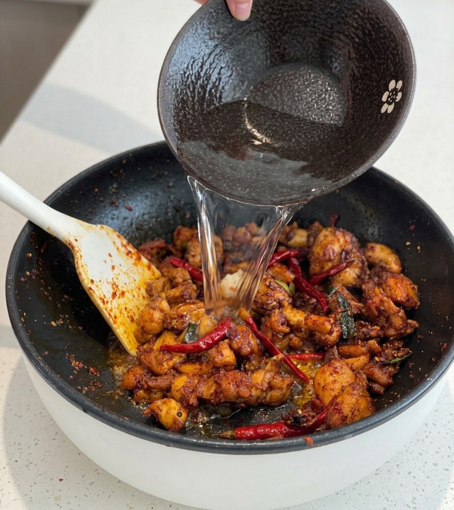 Acqua versata da una ciotola nera in una padella con pezzi di pollo rosso piccante.
