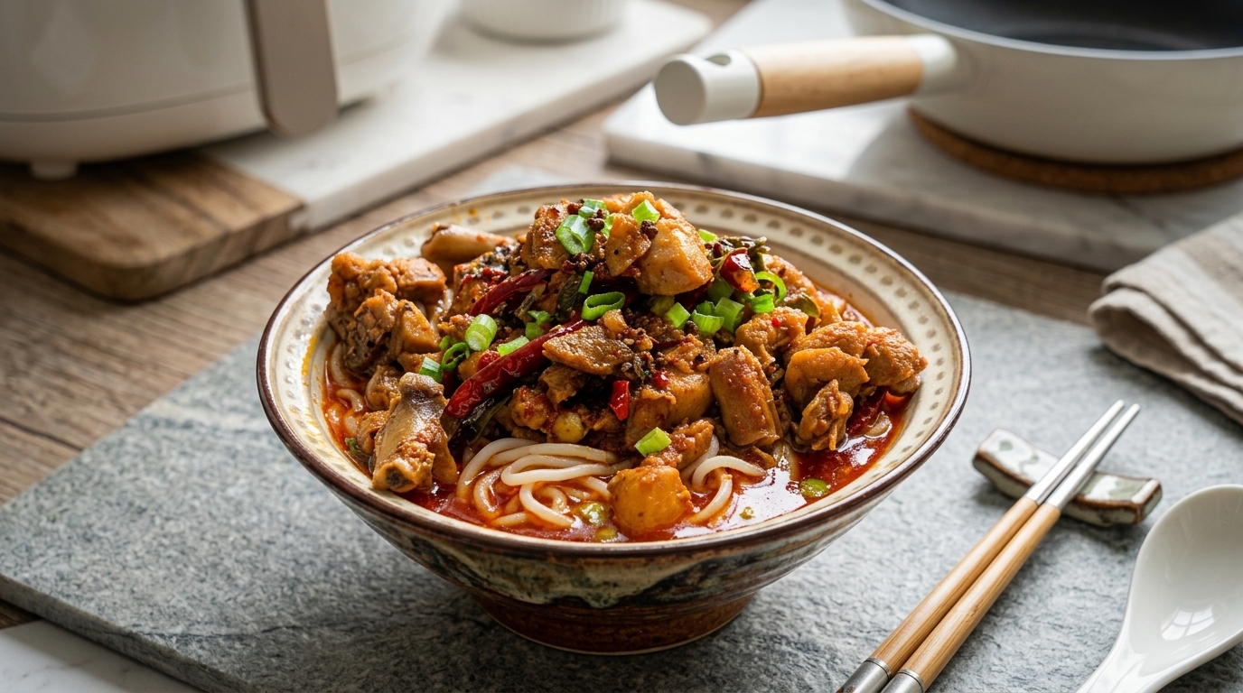 Zuppa di Noodle Piccante con Pollo in Stile Sichuan