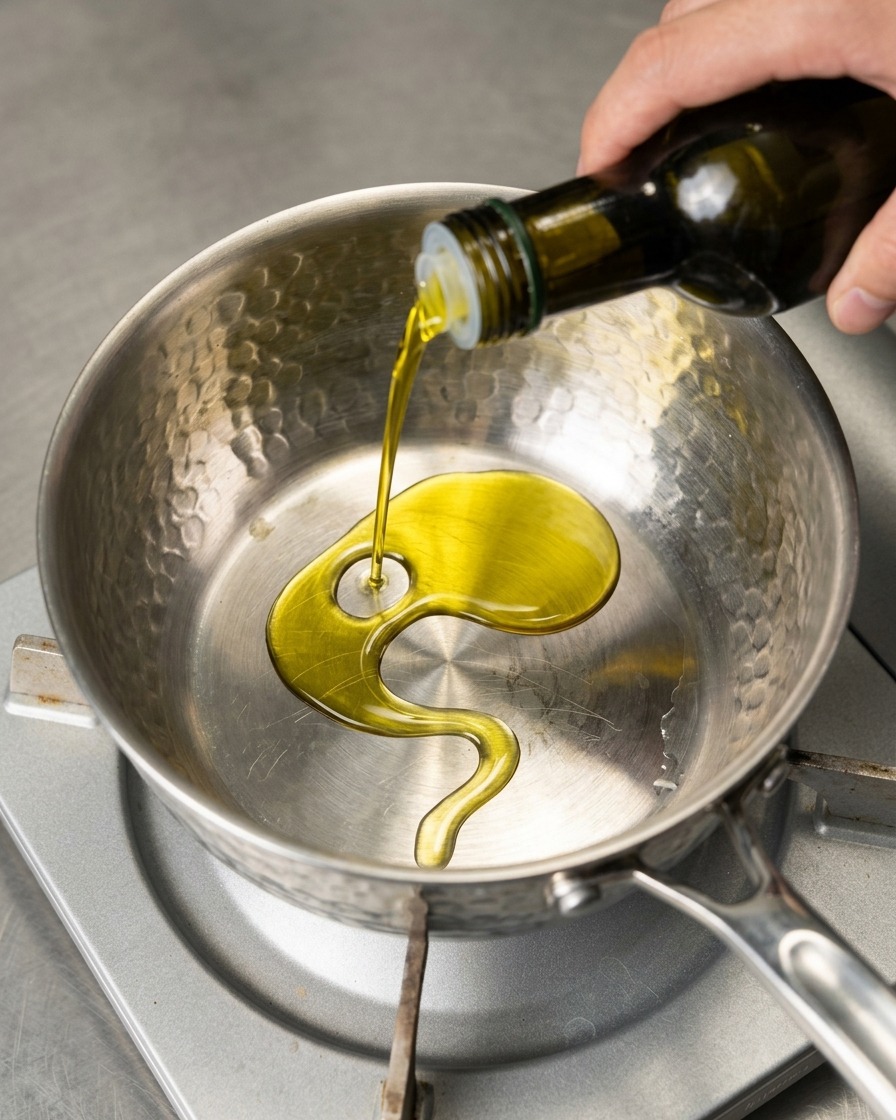 Un filo di olio doliva giallo-verdastro viene versato da una bottiglia di vetro al centro di una pentola in acciaio battuto.