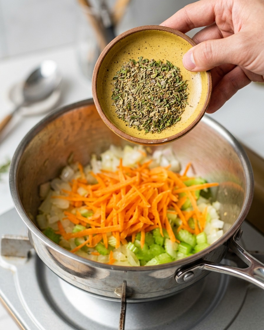 Erbe aromatiche essiccate vengono versate da un piattino giallo di ceramica in una pentola con verdure colorate saltate.