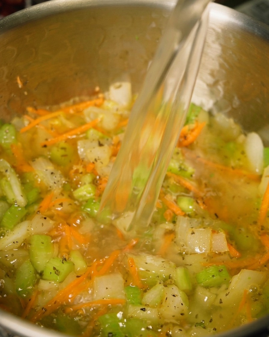 Un flusso di brodo di pollo limpido viene versato in una pentola contenente carote e sedano saltati.