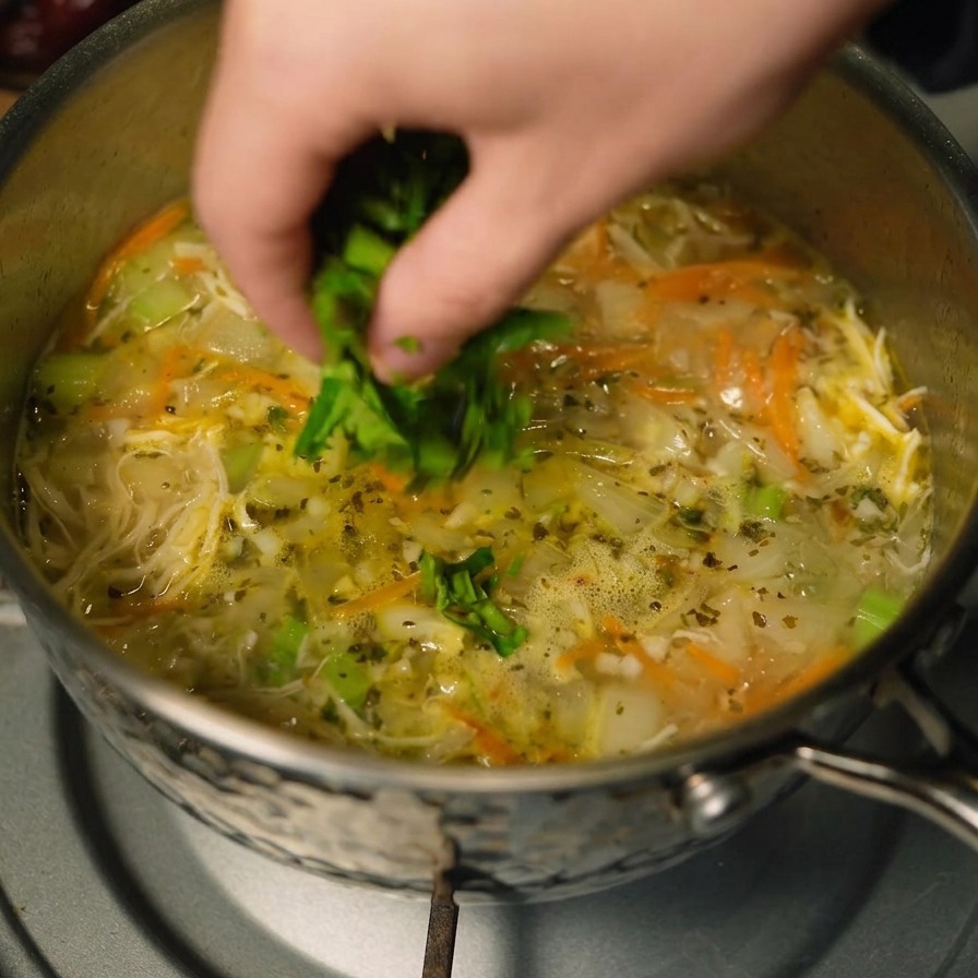 Una mano distribuisce coriandolo verde tritato su una pentola di zuppa fumante di pollo e verdure.