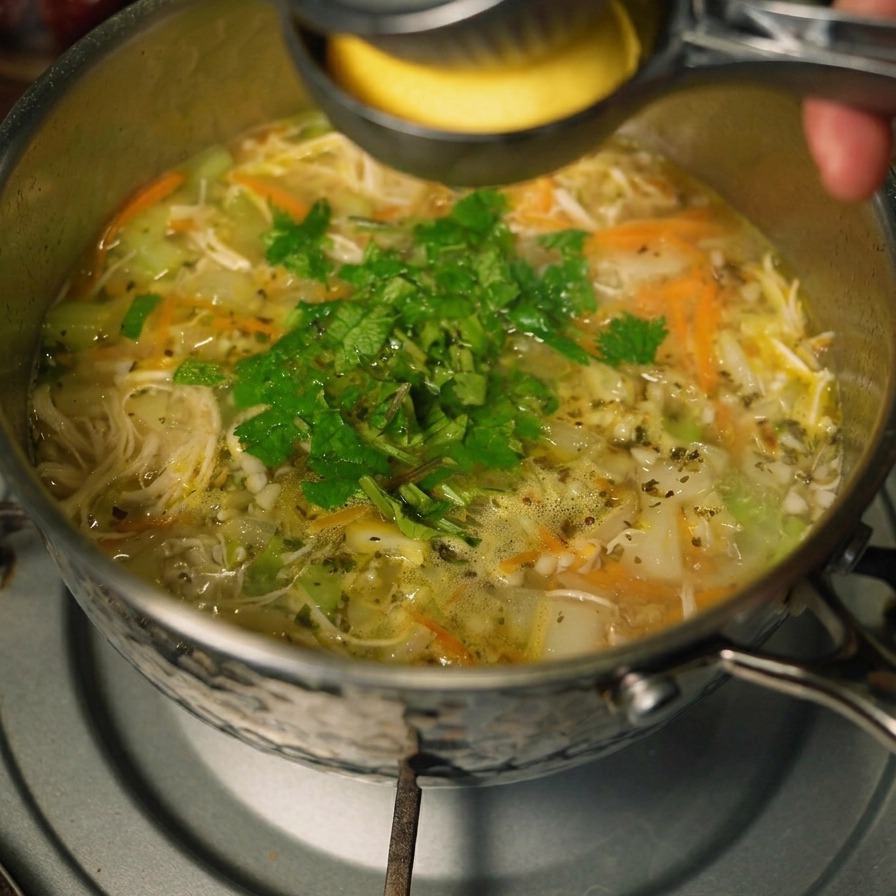 Uno spremiagrumi in metallo viene usato per spremere succo di limone fresco in una pentola di zuppa di pollo completata con erbe verdi.