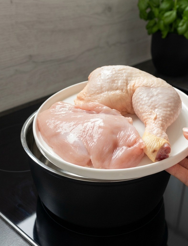 Una mano tiene un piatto bianco con petto e coscia di pollo crudi sopra una pentola dacqua con aglio e alloro.