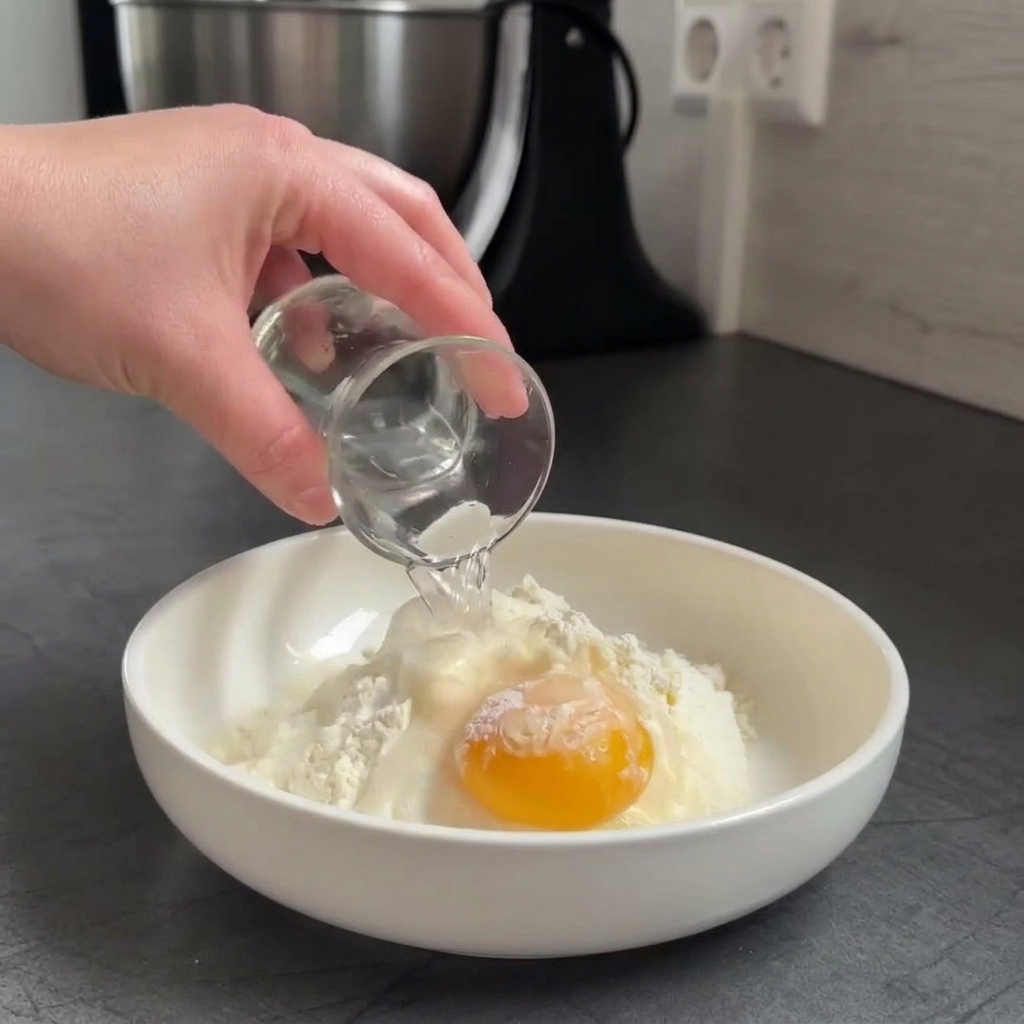 Una mano versa acqua da un bicchierino in una ciotola bianca con un tuorlo duovo, farina e yogurt.