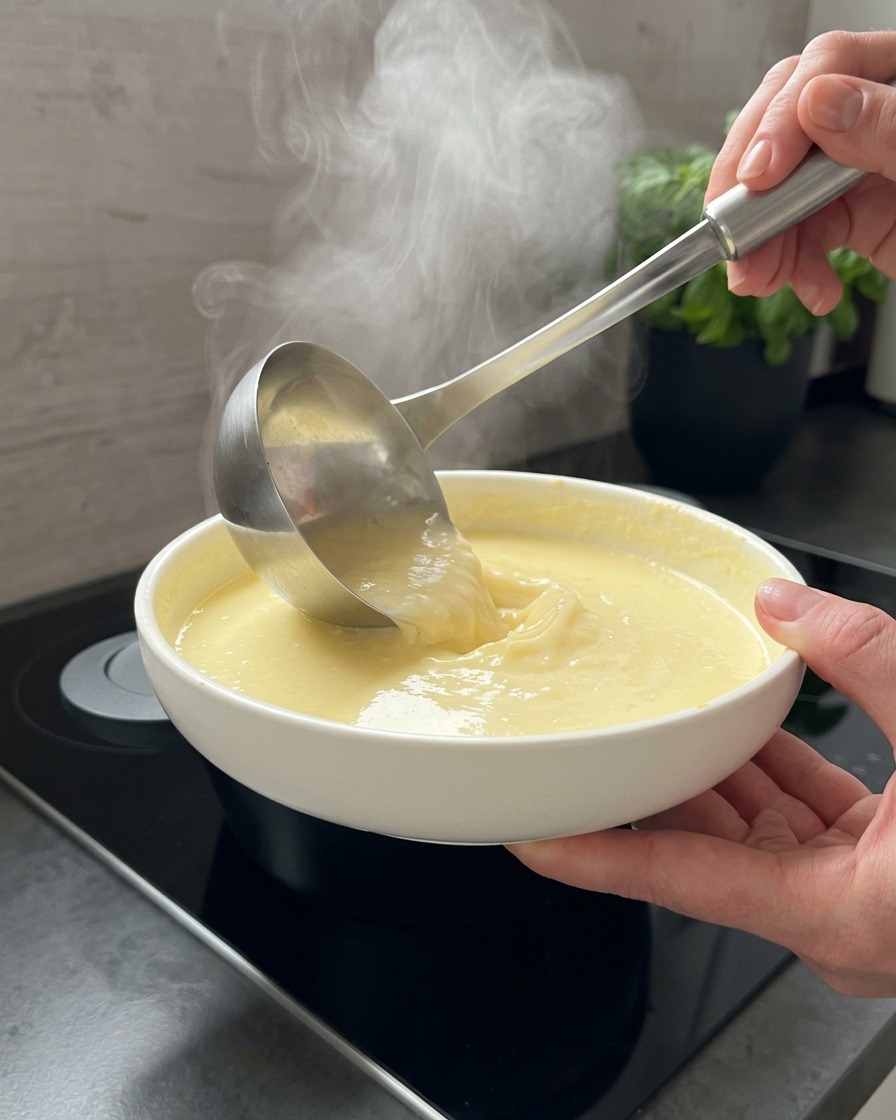 Un mestolo di metallo versa del brodo bollente in una ciotola bianca contenente la pastella di yogurt tenuta da una mano.