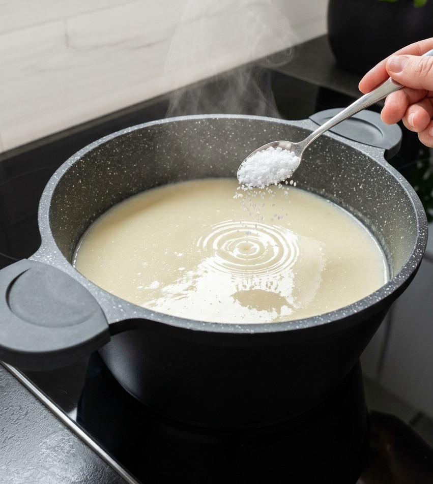Una mano tiene un cucchiaio dargento pieno di sale bianco sopra una grande pentola di zuppa di pollo cremosa.