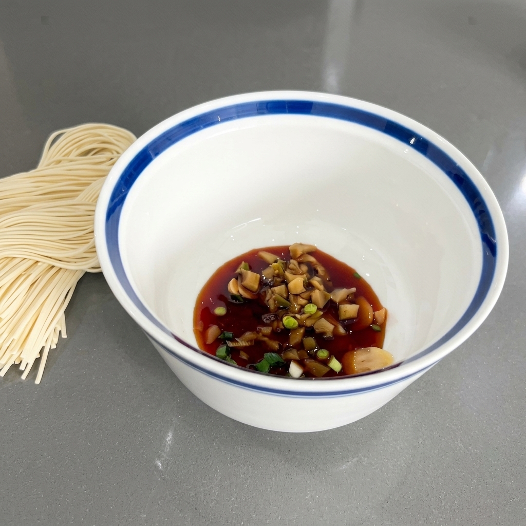 Salsa di soia scura versata sopra i cipollotti e le verdure in salamoia in una ciotola bianca.