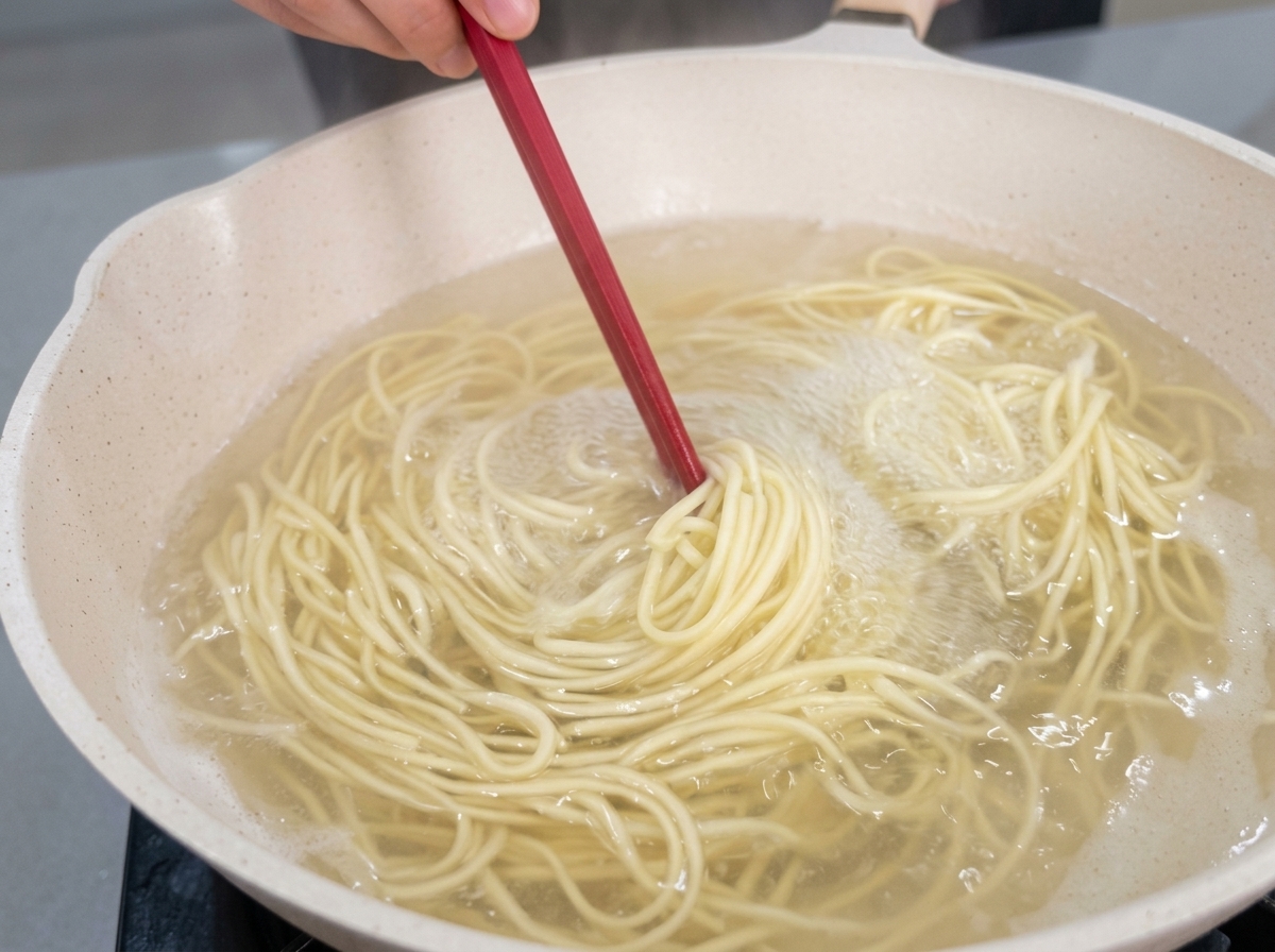 Noodle bianchi e sottili che girano in una pentola di aqua bollente mentre vengono mescolati con un utensile da cucina rosso.