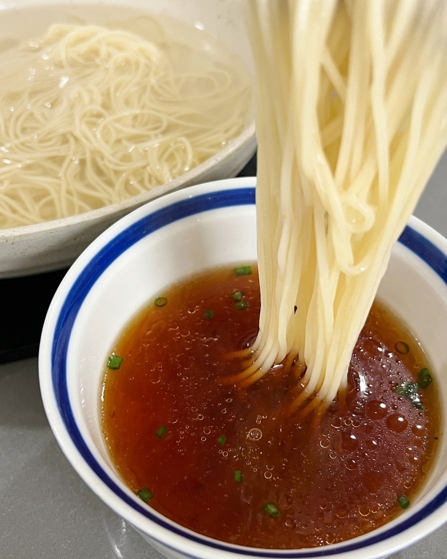 Un nido di lunghi noodle bianchi calato in una ciotola di brodo ambrato scuro con cipollotti.
