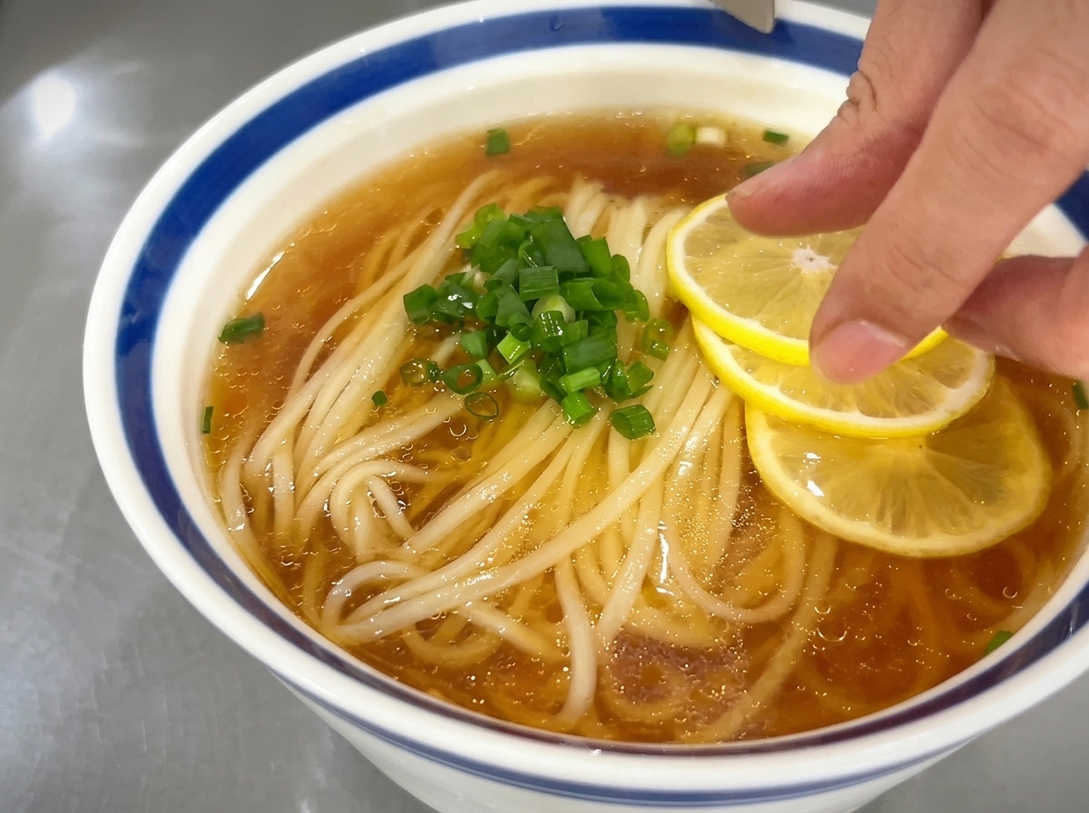 Una mano dispone con cura tre fette di limone giallo brillante sulla superficie di una ciotola di zuppa di noodle, accanto ai cipollotti tritati.