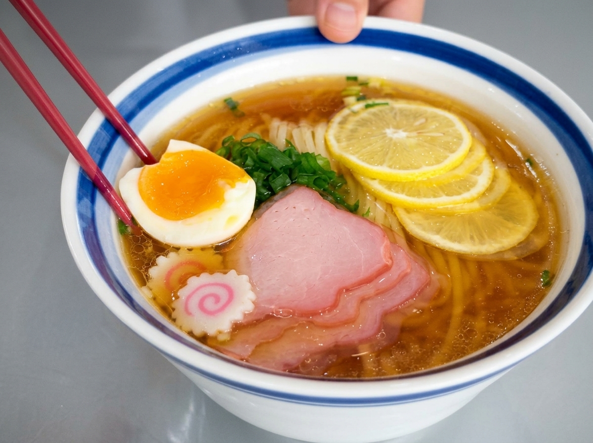 Una ciotola di zuppa di noodle al limone completata da due metà di uovo barzotto dal tuorlo arancione vivo, fette di carne e limone.