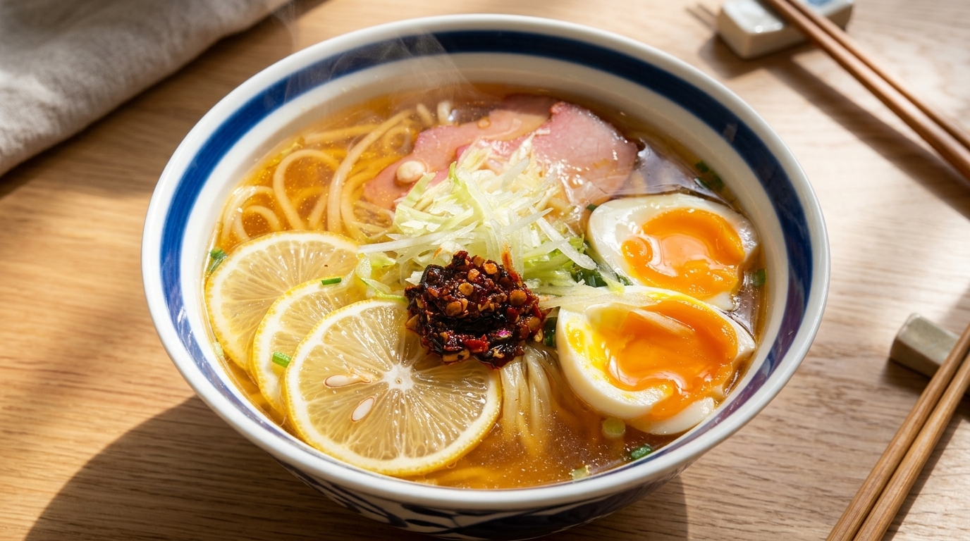 Zuppa di Noodle al Limone con Uovo dal Cuore Morbido