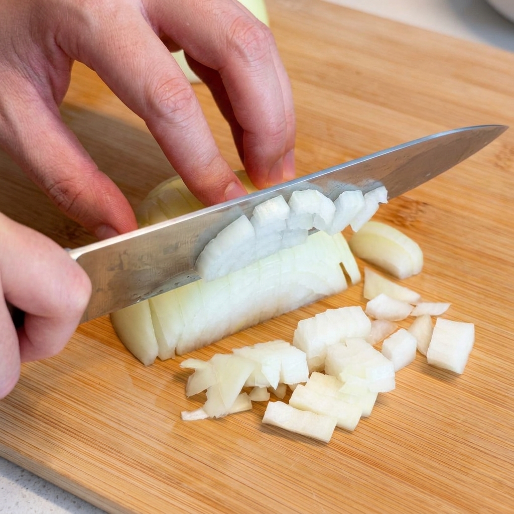 Mani che utilizzano un coltello da chef per tritare una cipolla bianca su un tagliere di bambù.