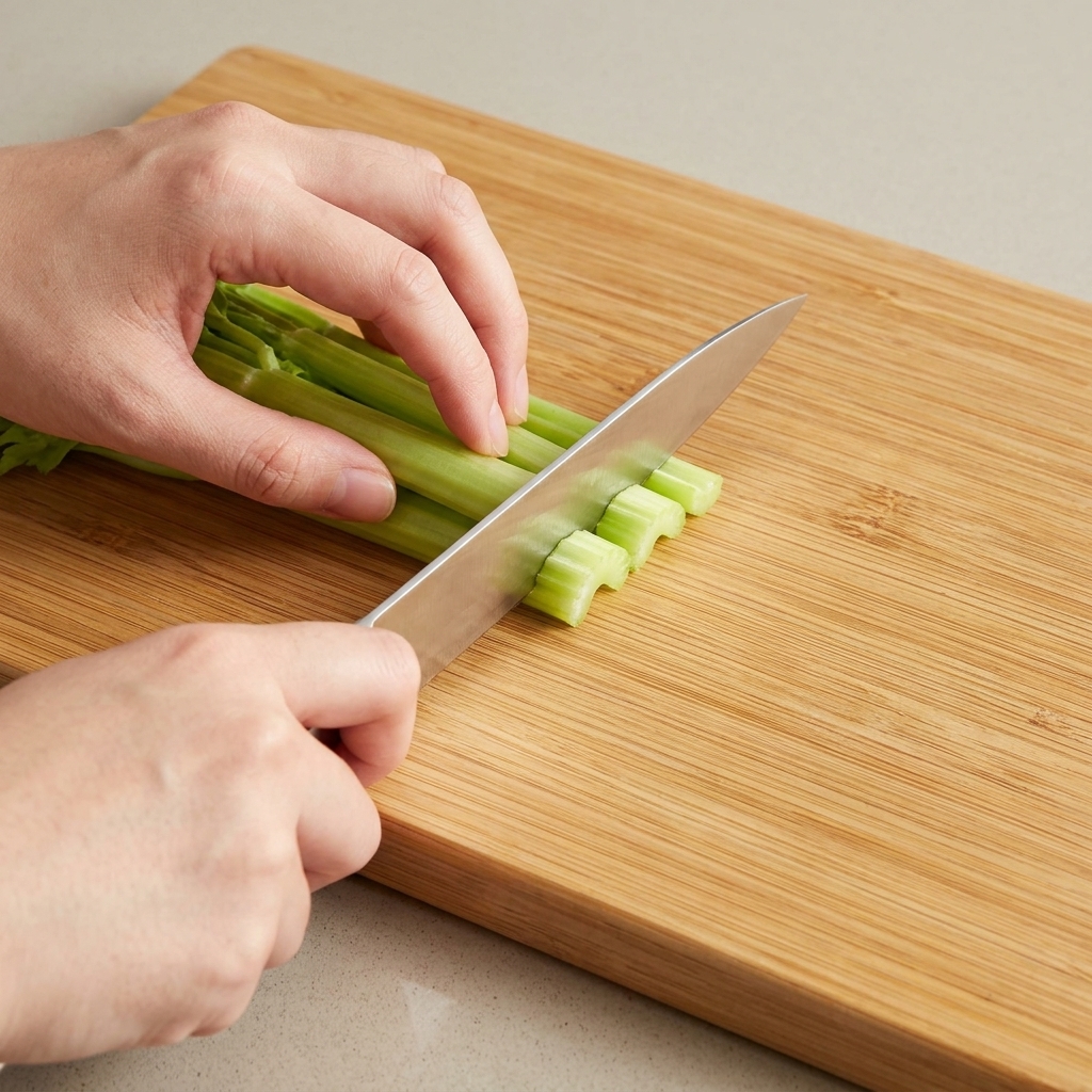 Un coltello che taglia coste di sedano verde su un tagliere di legno, riducendole a piccoli pezzi a forma di mezzaluna.