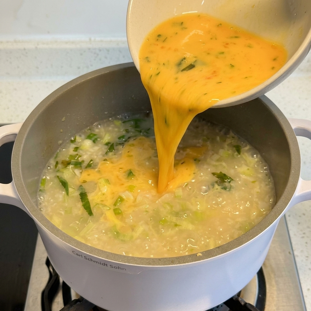 Un filo di composto giallo di uovo e limone versato da una ciotola in una pentola di zuppa con riso ed erbe aromatiche.